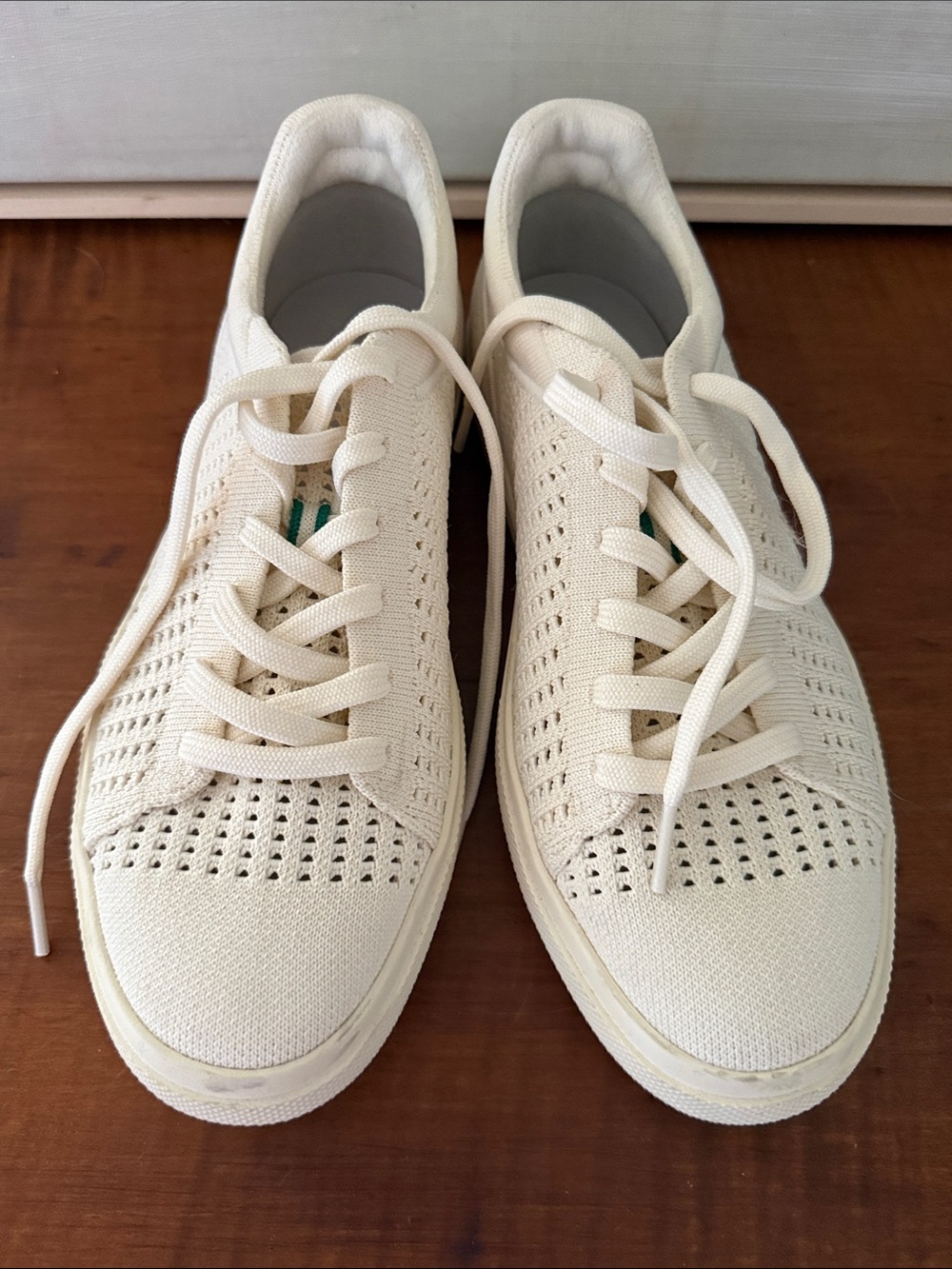 Rothy's Cream Knit Lace-Up Sneakers with Green Tongue Tab